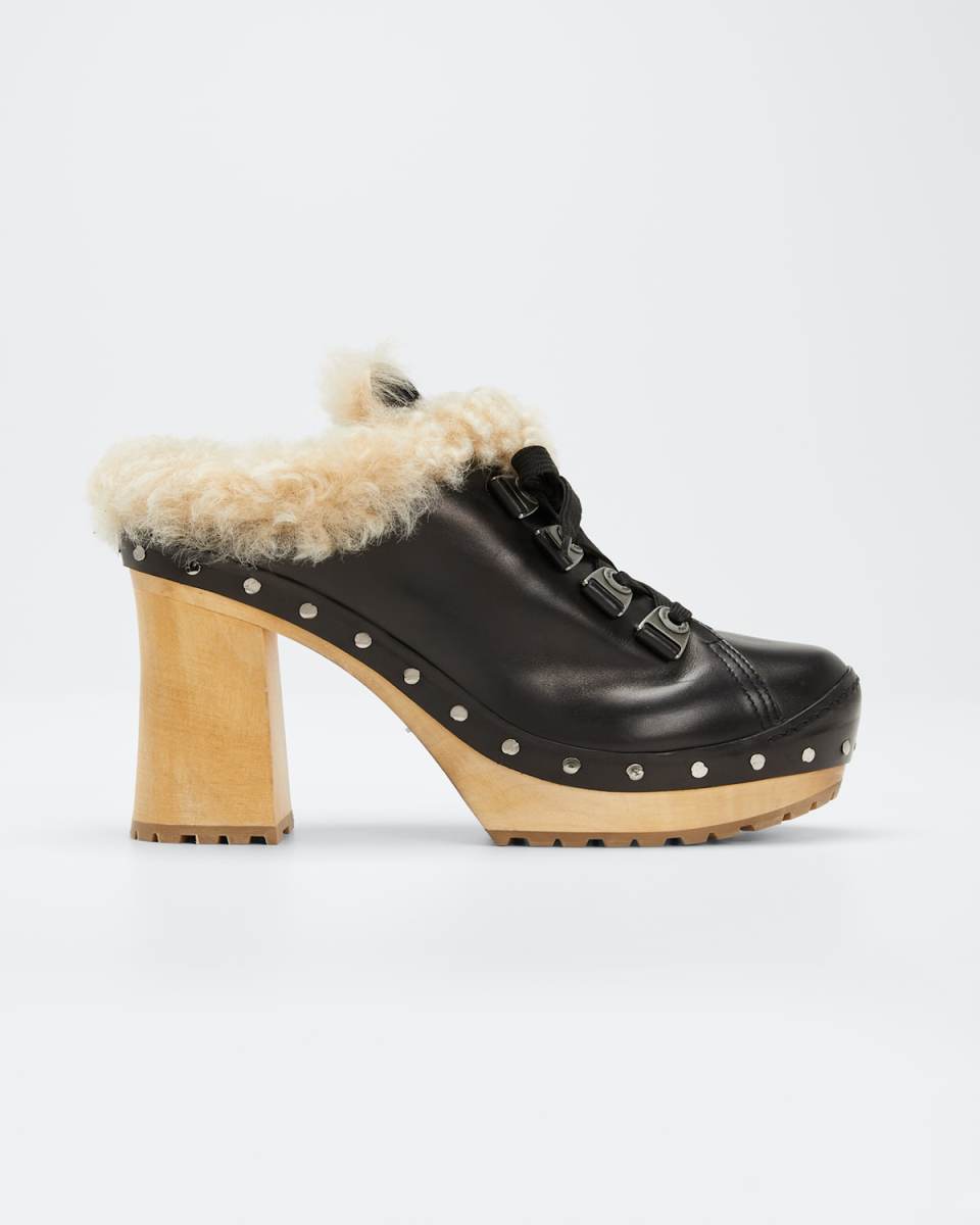 Leather Shearling Lace-Up Mule Clogs